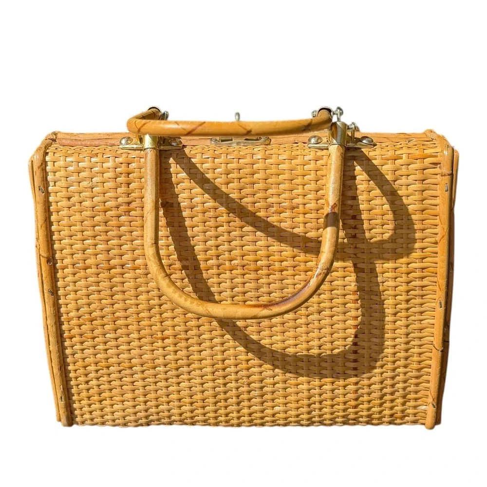 Vintage Wicker Top Handle Bag Woven Rattan Satchel Purse Honey Brown Cottagecore